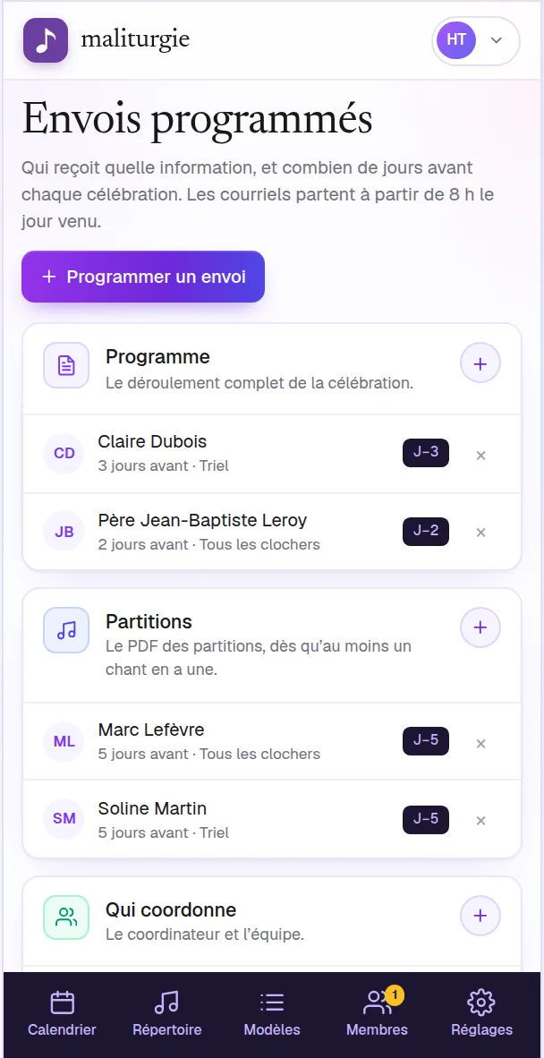 Envois programmés : programme, partitions, qui coordonne